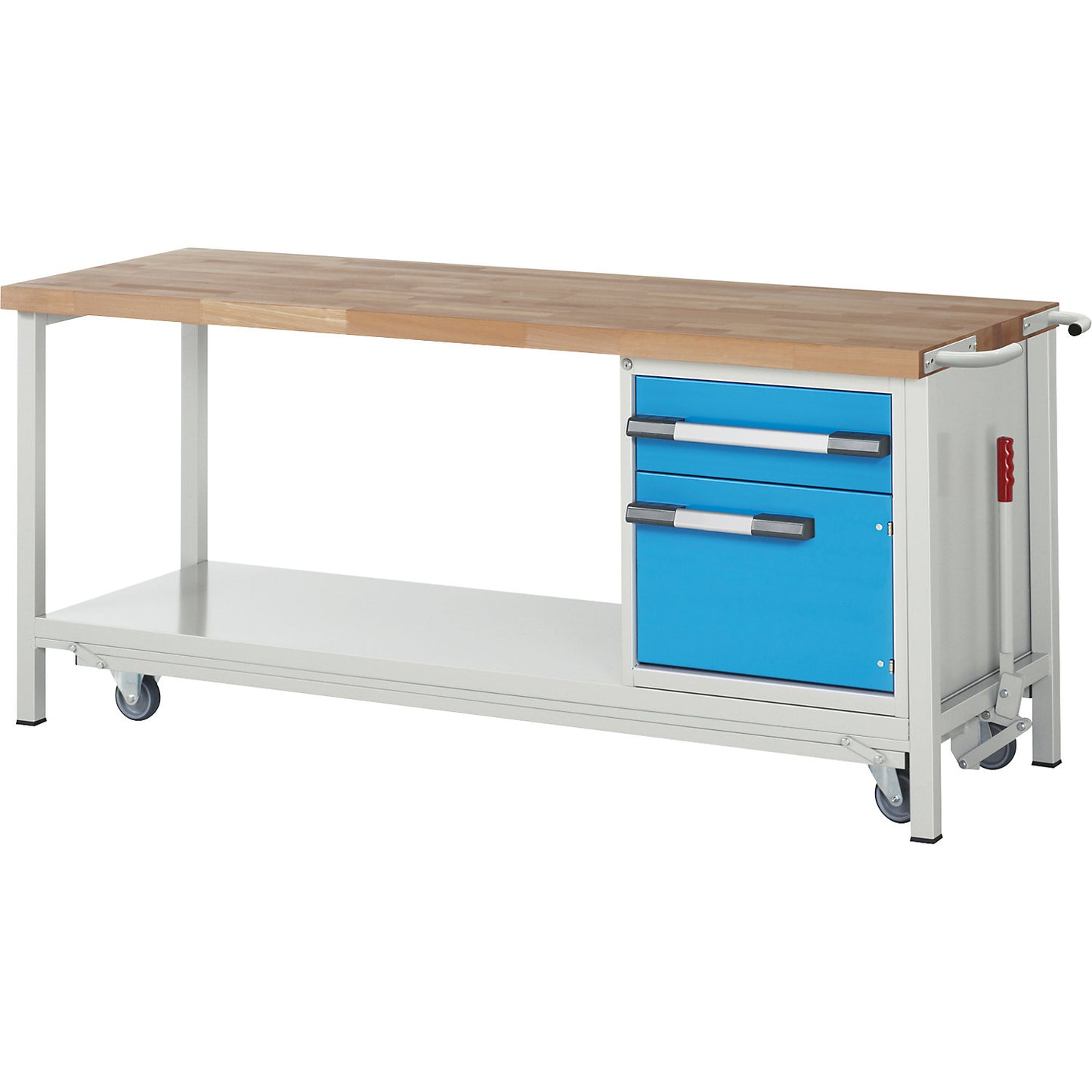 Mobile and lowerable workbench, Series 8000 frame construction, 1 drawer, 1 door, storage shelf, WxD 2000 x 700 mm.