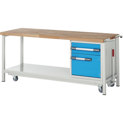 Mobile and lowerable workbench, Series 8000 frame construction, 1 drawer, 1 door, storage shelf, WxD 2000 x 700 mm.
