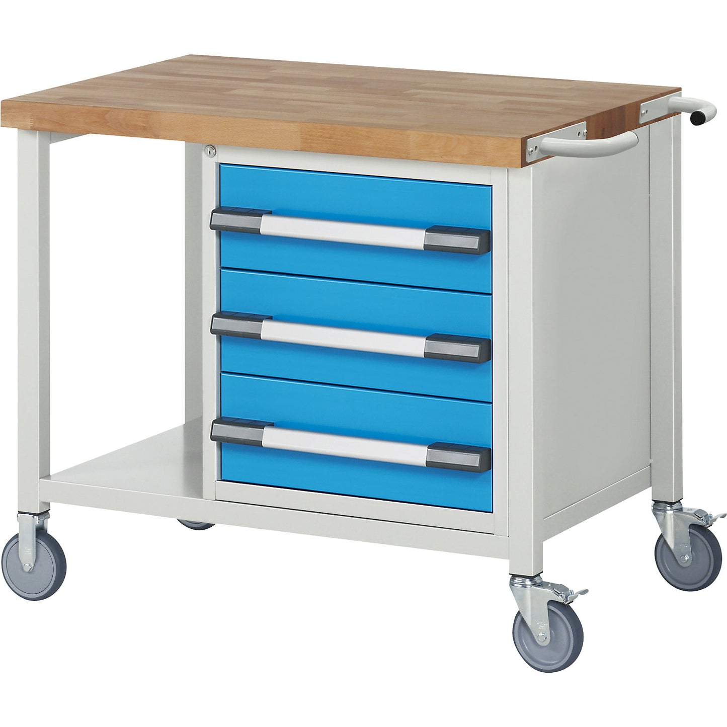 Series 8000 mobile workbench, frame system, 3 drawers, storage shelf, WxD 1000 x 700 mm.