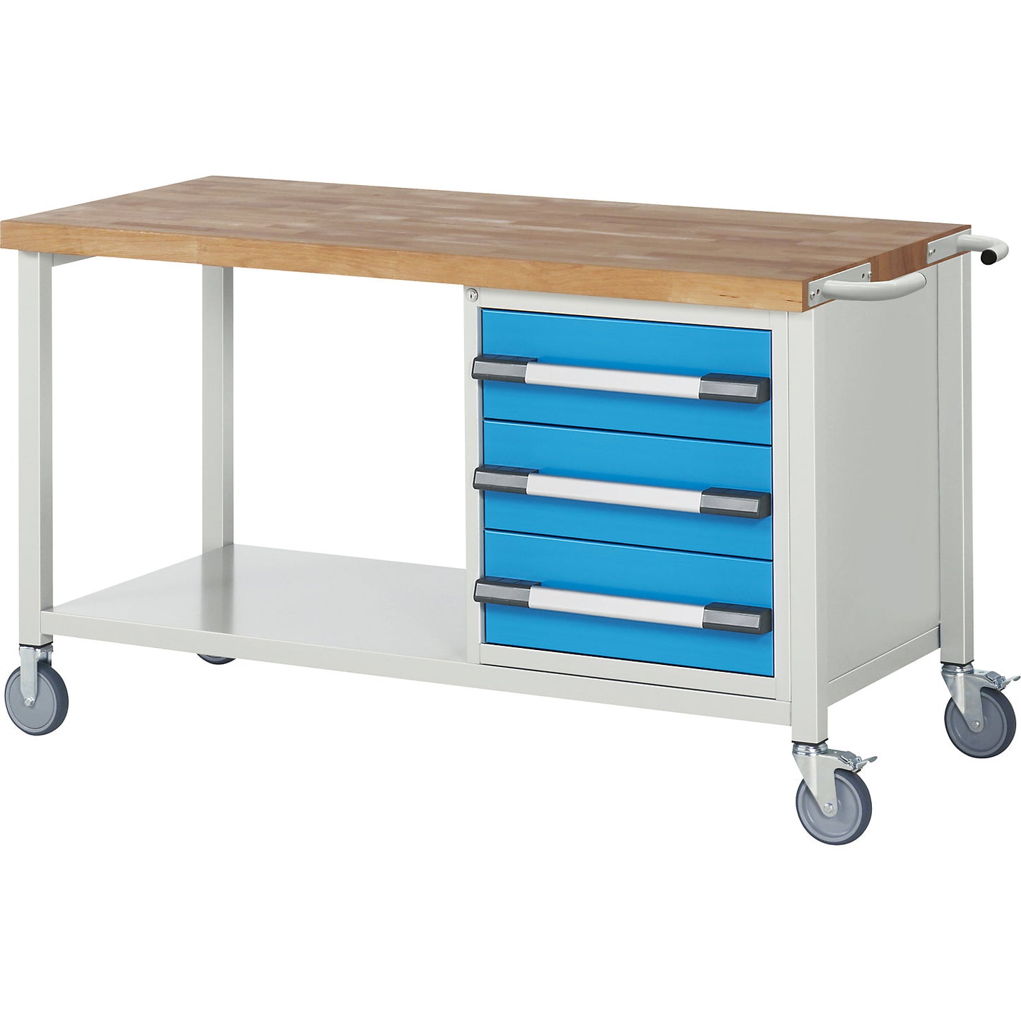 Series 8000 mobile workbench, frame system, 3 drawers, storage shelf, WxD 1500 x 700 mm.