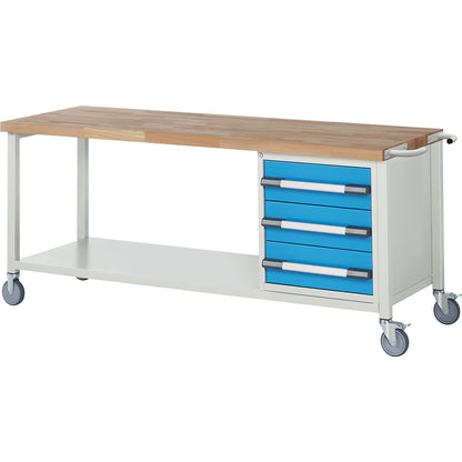 Series 8000 mobile workbench, frame system, 3 drawers, storage shelf, WxD 2000 x 700 mm.