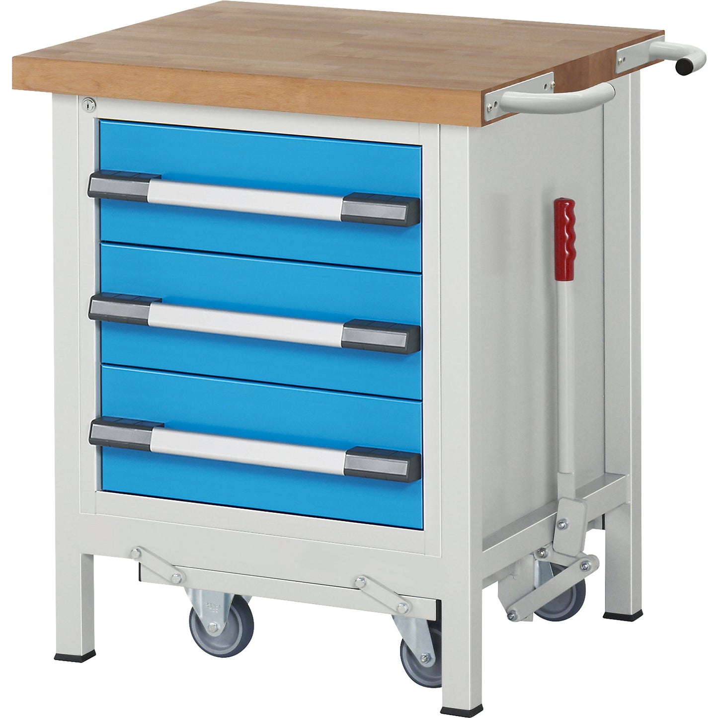 Mobile and lowerable workbench, Series 8000 frame construction, 3 drawers, storage shelf, WxD 750 x 700 mm.