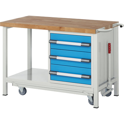 Mobile and lowerable workbench, Series 8000 frame construction, 3 drawers, storage shelf, WxD 1250 x 700 mm.