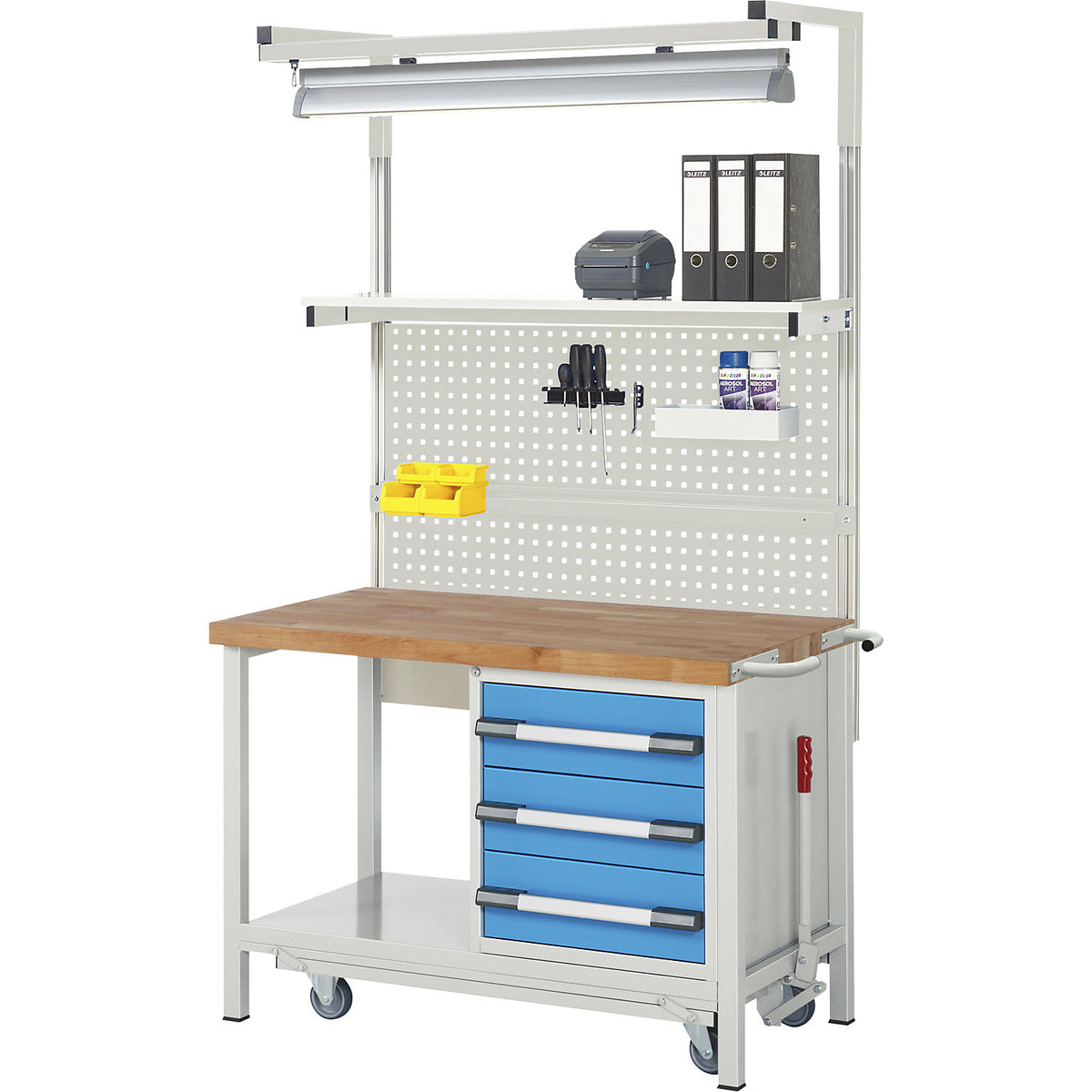 Mobile and lowerable workbench, Series 8000 frame construction, 3 drawers, storage shelf, WxD 1250 x 700 mm.