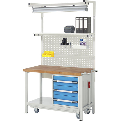 Mobile and lowerable workbench, Series 8000 frame construction, 3 drawers, storage shelf, WxD 1250 x 700 mm.