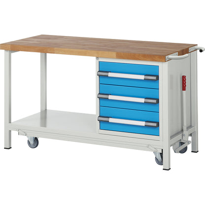 Mobile and lowerable workbench, Series 8000 frame construction, 3 drawers, storage shelf, WxD 1500 x 700 mm.