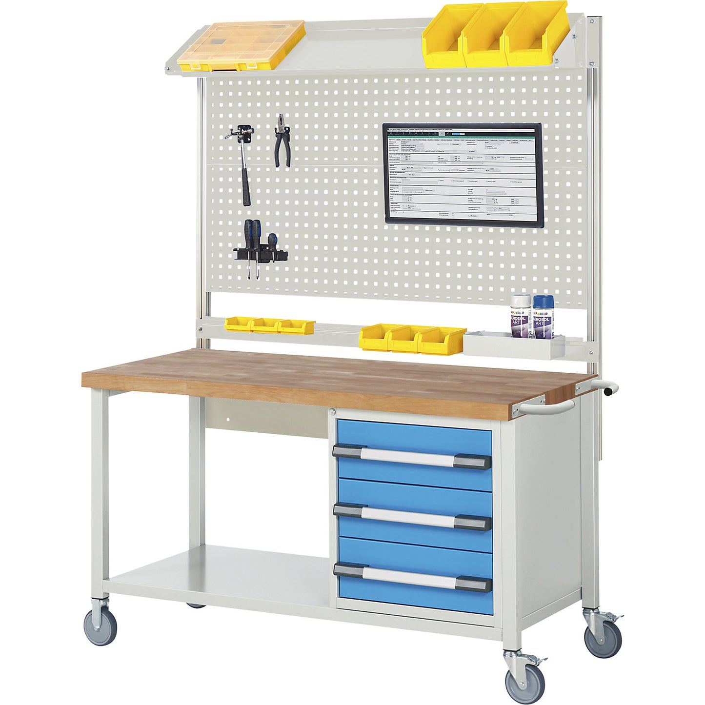 Mobile and lowerable workbench, Series 8000 frame construction, 3 drawers, storage shelf, WxD 1500 x 700 mm.