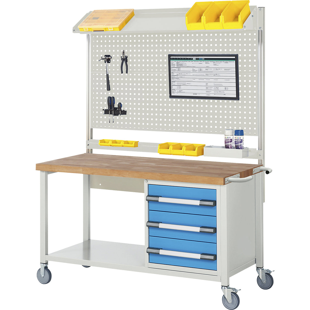 Mobile and lowerable workbench, Series 8000 frame construction, 3 drawers, storage shelf, WxD 1500 x 700 mm.