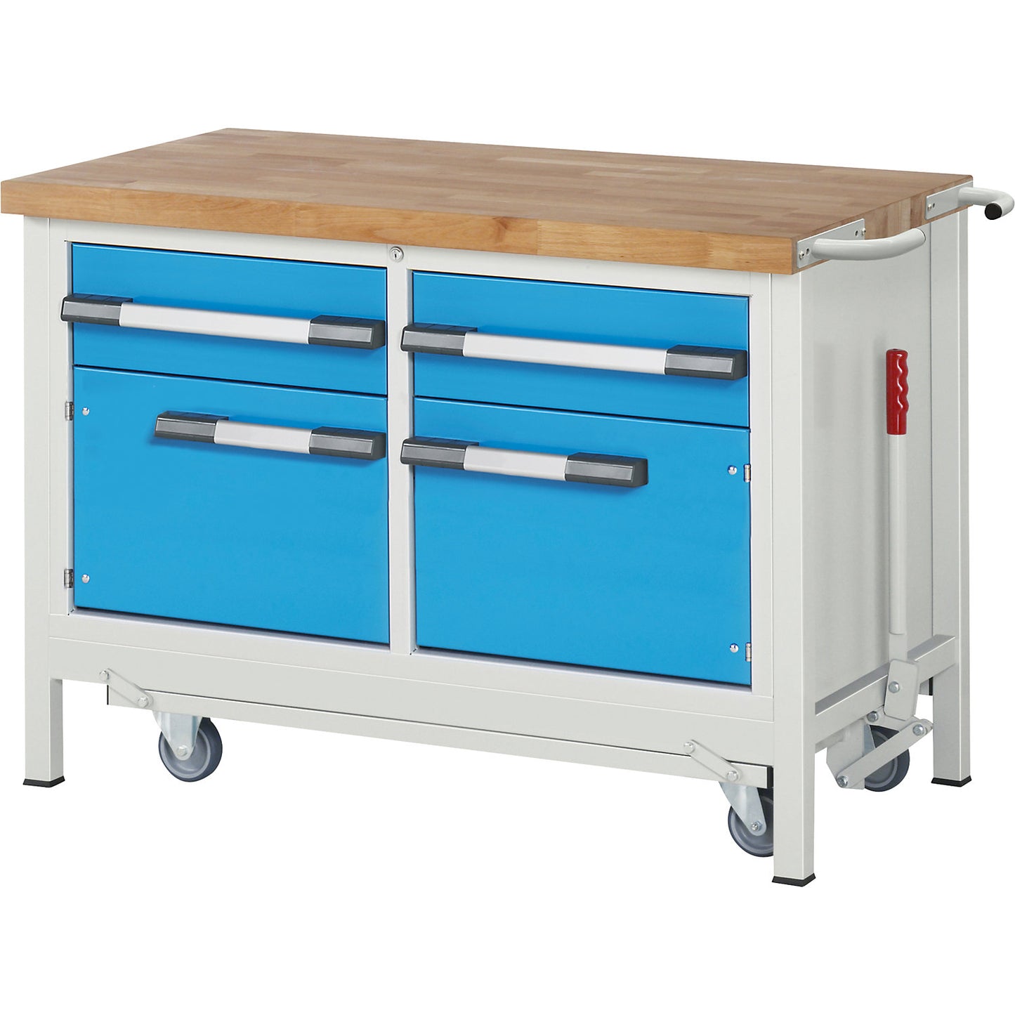 Mobile and lowerable workbench, Series 8000 frame construction, 2 drawers, 2 doors, WxD 1250 x 700 mm.