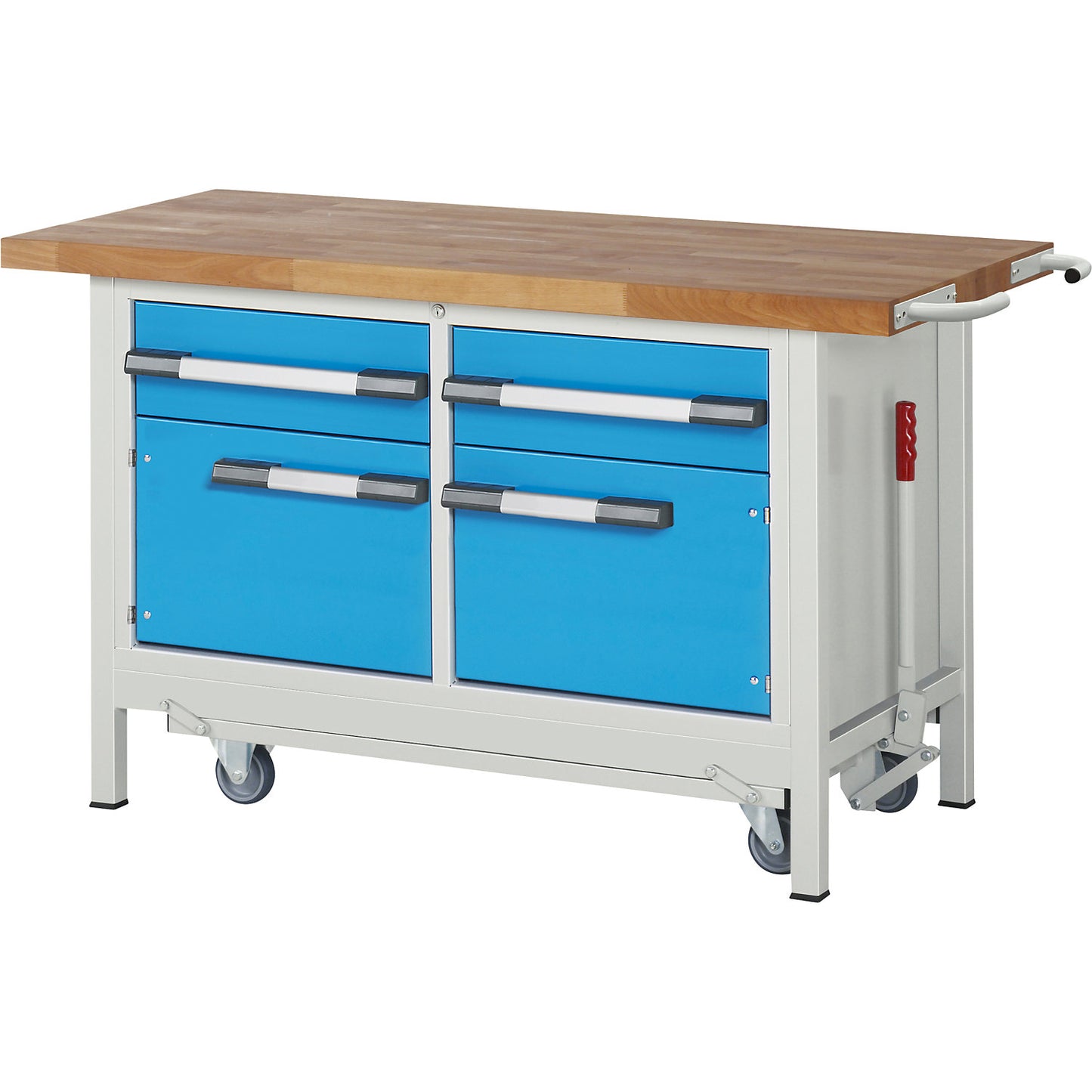 Mobile and lowerable workbench, Series 8000 frame construction, 2 drawers, 2 doors, WxD 1500 x 700 mm.