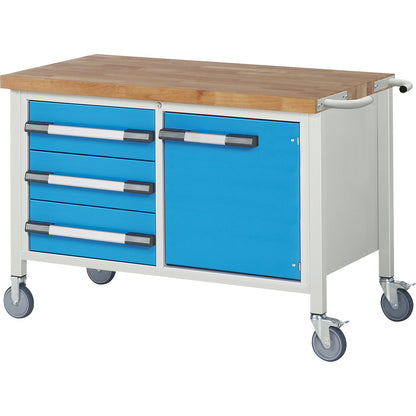 Series 8000 mobile workbench, frame system, 3 drawers, 1 door, WxD 1250 x 700 mm.