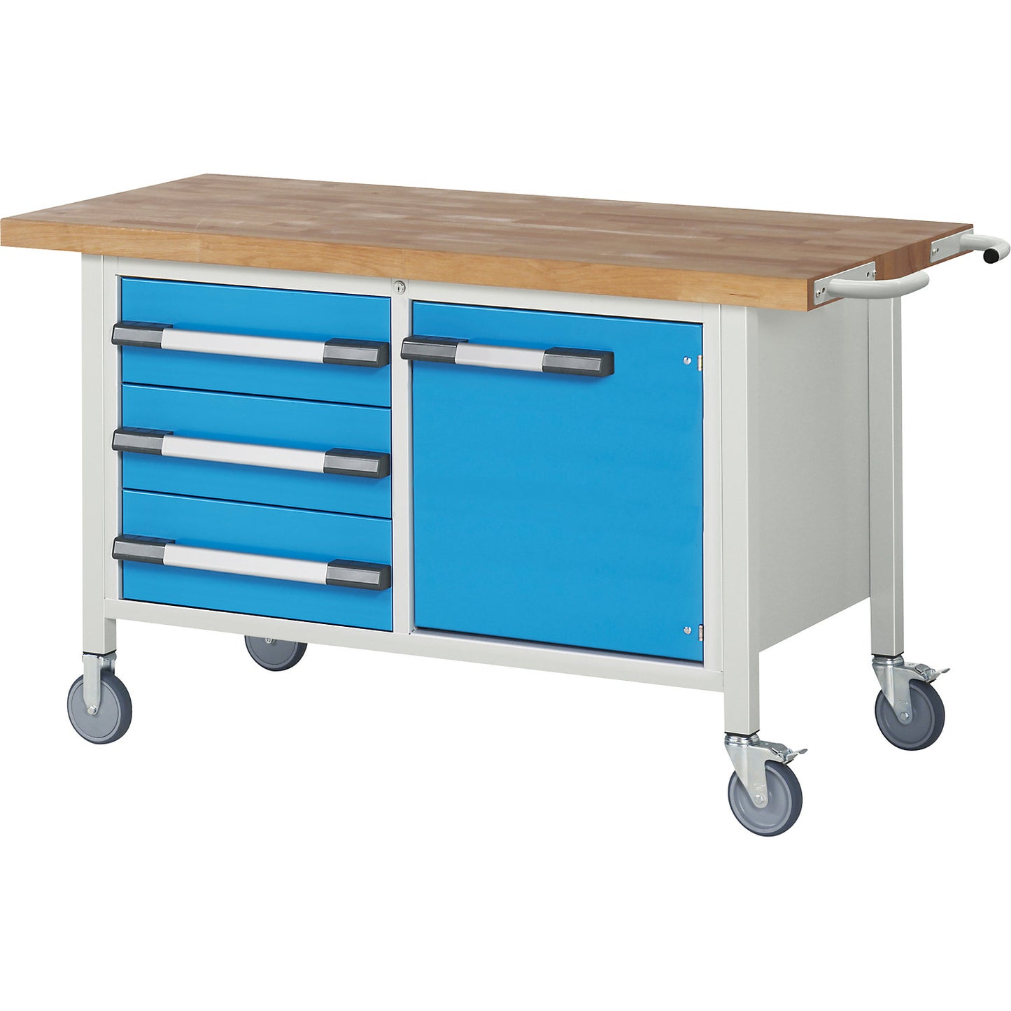 Series 8000 mobile workbench, frame system, 3 drawers, 1 door, WxD 1500 x 700 mm.