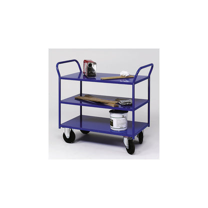 KM41 table trolley, 3 shelves with raised edges, LxWxH 1070 x 550 x 1000 mm, white, 2 swivel castors and 2 fixed castors.
