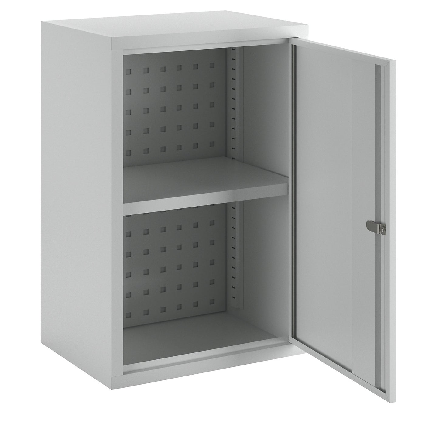 Wall mounted cupboard, height 600 mm, with solid panel door/s, width 400 mm, perforated rear panel, grey.