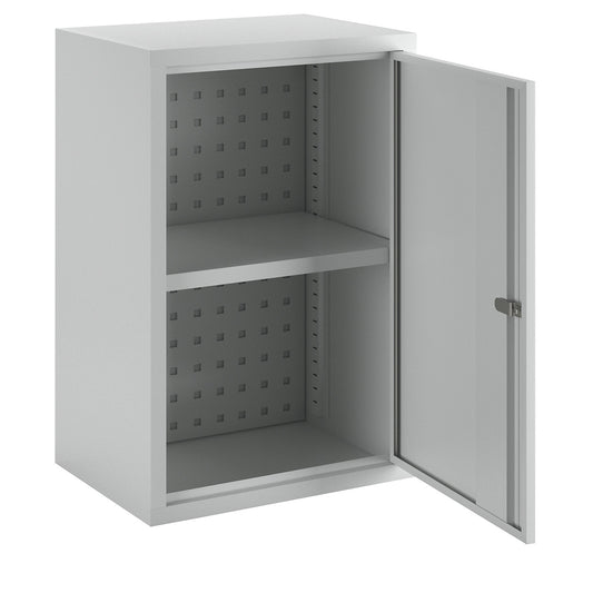 Wall mounted cupboard, height 600 mm, with solid panel door/s, width 400 mm, perforated rear panel, grey.