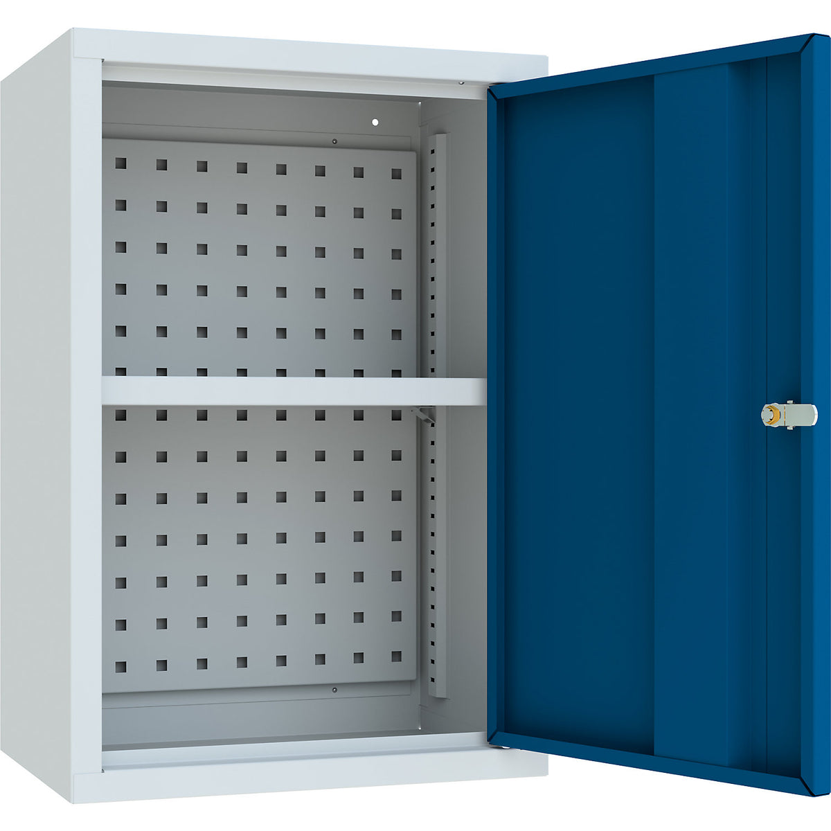Wall mounted cupboard, height 600 mm, with solid panel door/s, width 400 mm, perforated rear panel, grey / blue.