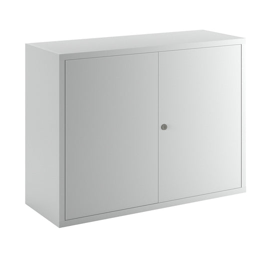 Wall mounted cupboard, height 600 mm, with solid panel door/s, width 800 mm, perforated rear panel, grey.