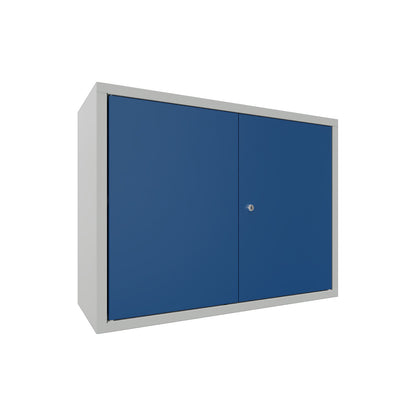 Wall mounted cupboard, height 600 mm, with solid panel door/s, width 800 mm, perforated rear panel, grey / blue.