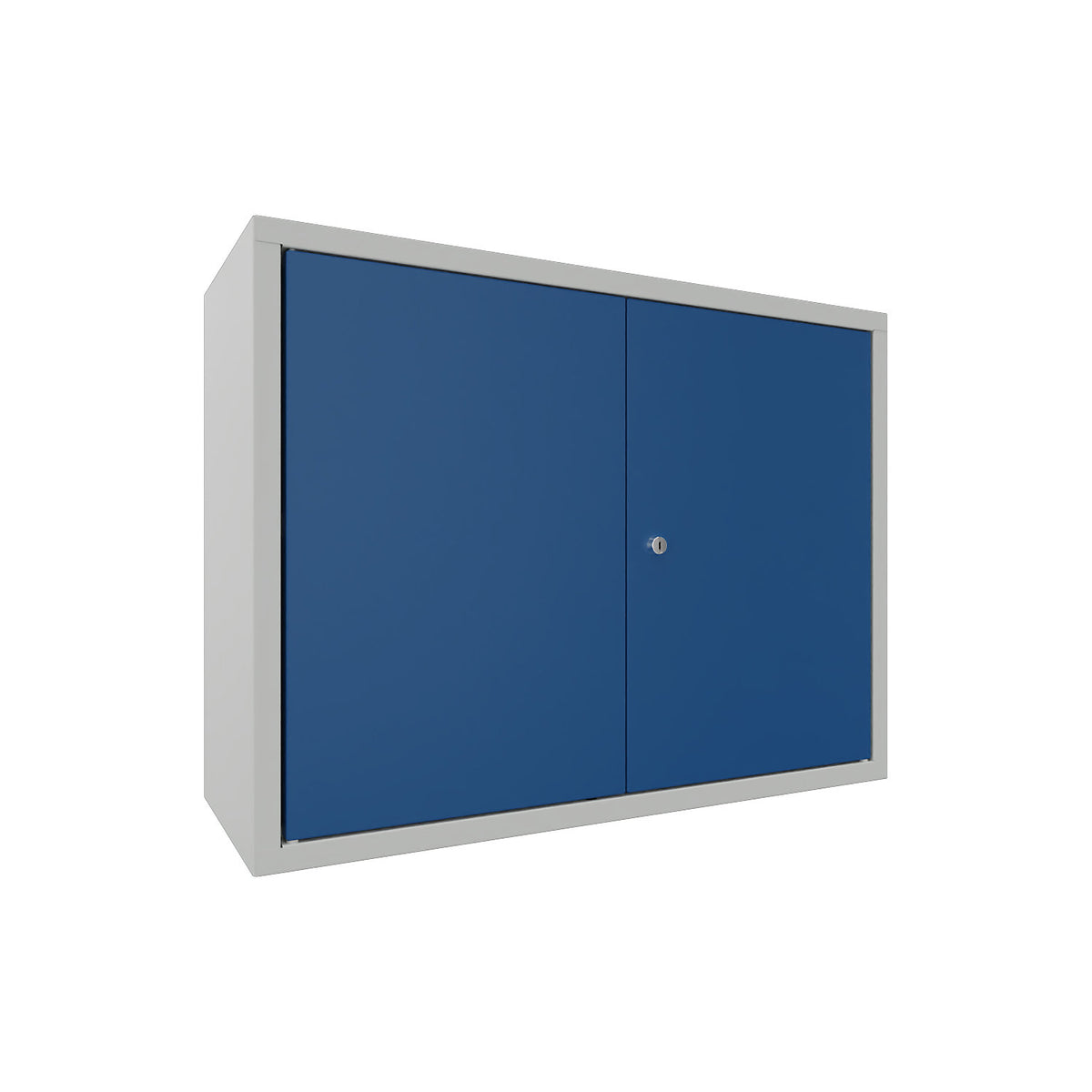 Wall mounted cupboard, height 600 mm, with solid panel door/s, width 800 mm, perforated rear panel, grey / blue.