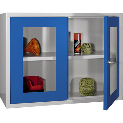 Wall mounted cupboard, height 600 mm, with vision panel door/s, width 800 mm, solid rear panel, grey / blue.