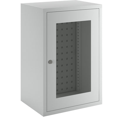 Wall mounted cupboard, height 600 mm, with vision panel door/s, width 400 mm, perforated rear panel, grey.