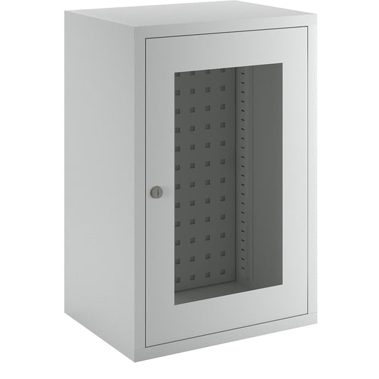Wall mounted cupboard, height 600 mm, with vision panel door/s, width 400 mm, perforated rear panel, grey.