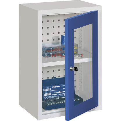 Wall mounted cupboard, height 600 mm, with vision panel door/s, width 400 mm, perforated rear panel, grey / blue.