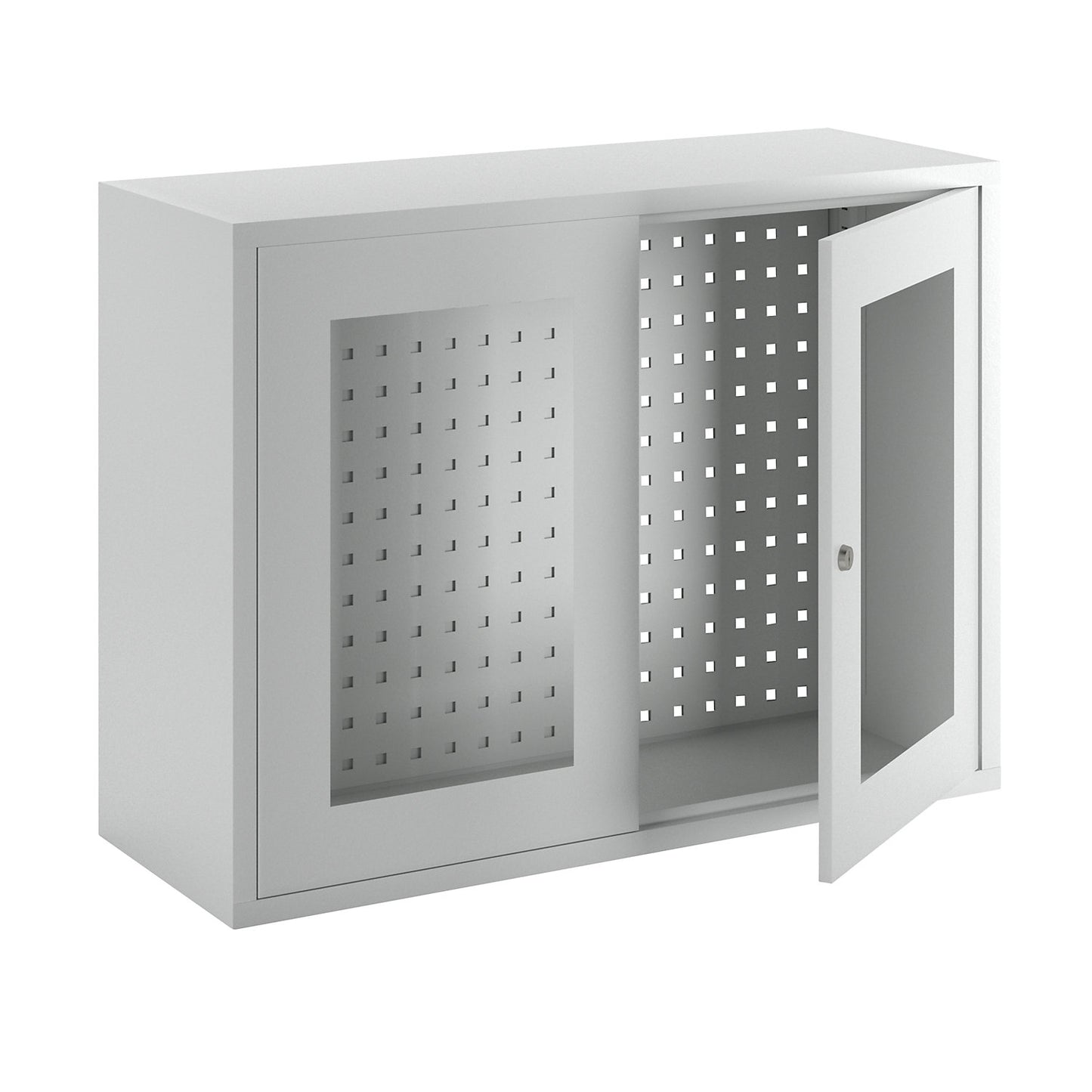 Wall mounted cupboard, height 600 mm, with vision panel door/s, width 800 mm, perforated rear panel, grey.