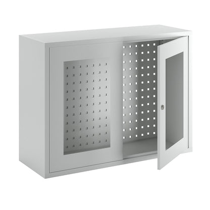 Wall mounted cupboard, height 600 mm, with vision panel door/s, width 800 mm, perforated rear panel, grey.