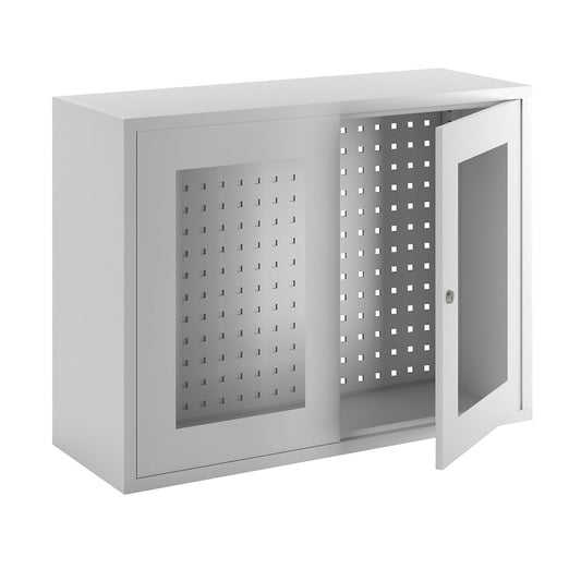 Wall mounted cupboard, height 600 mm, with vision panel door/s, width 800 mm, perforated rear panel, grey.