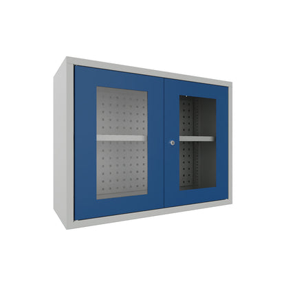 Wall mounted cupboard, height 600 mm, with vision panel door/s, width 800 mm, perforated rear panel, grey / blue.