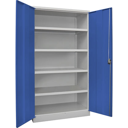 Heavy duty cupboard, height 1950 mm, 4 shelves, grey / blue.
