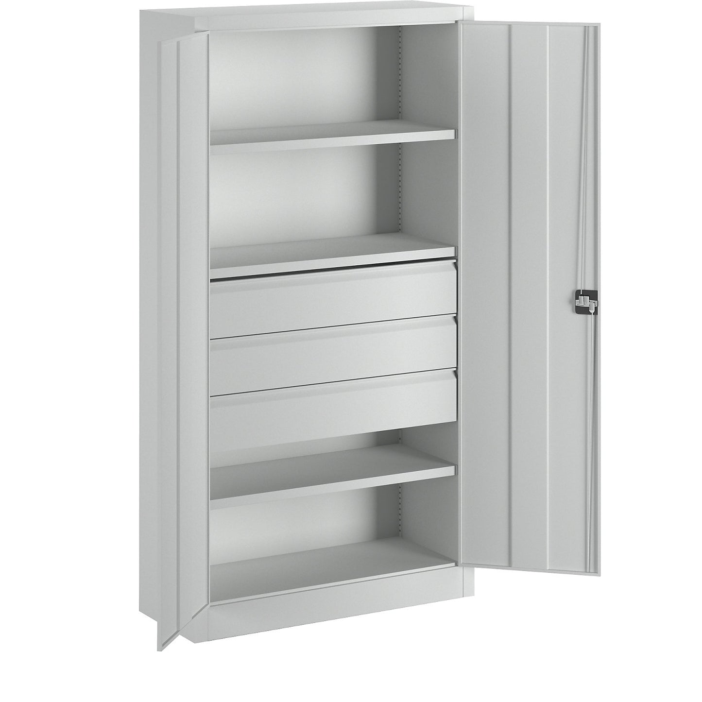 Heavy duty cupboard, height 1950 mm, 3 shelves, 3 x 175 mm drawers, grey.