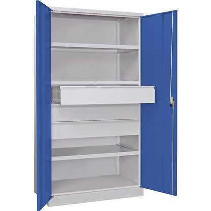 Heavy duty cupboard, height 1950 mm, 3 shelves, 3 x 175 mm drawers, grey / blue.