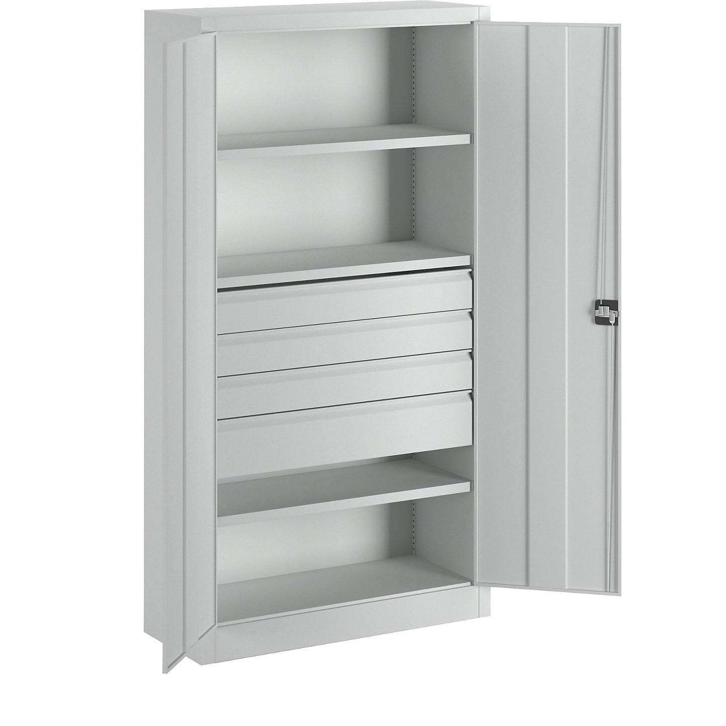 Heavy duty cupboard, height 1950 mm, 3 shelves, 4 drawers, grey.