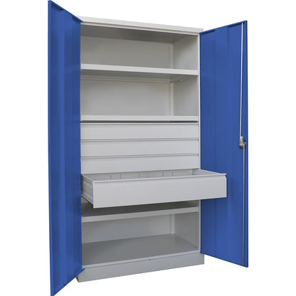 Heavy duty cupboard, height 1950 mm, 3 shelves, 4 drawers, grey / blue.