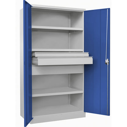 Heavy duty cupboard, height 1950 mm, 3 shelves, 3 drawers, grey / blue.