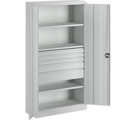 Heavy duty cupboard, height 1950 mm, 3 shelves, 5 drawers, grey.