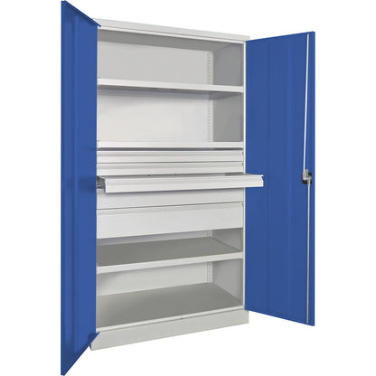 Heavy duty cupboard, height 1950 mm, 3 shelves, 5 drawers, grey / blue.