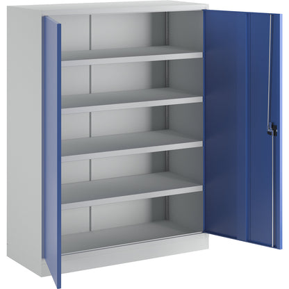 Heavy duty cupboard, extra wide, height x width x depth 1950 x 1470 x 630 mm, 4 shelves, grey / blue.
