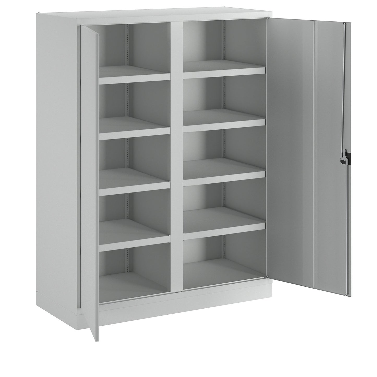 Heavy duty cupboard, extra wide, height x width x depth 1950 x 1470 x 630 mm, 8 shelves, 1 centre partition, grey.