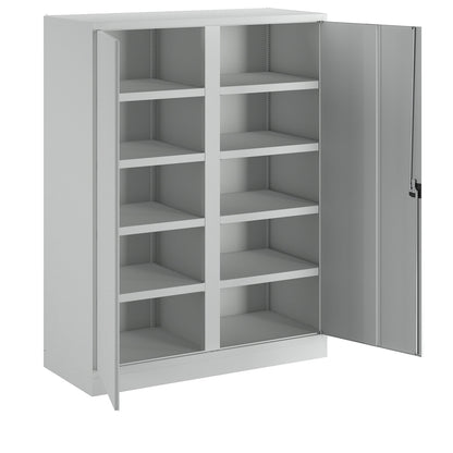 Heavy duty cupboard, extra wide, height x width x depth 1950 x 1470 x 630 mm, 8 shelves, 1 centre partition, grey.