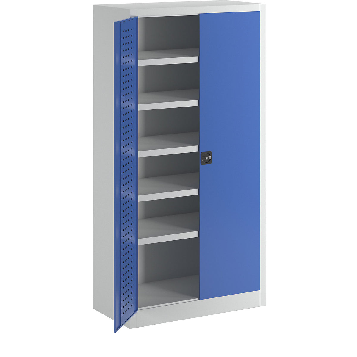 Double door ball cupboard, height 1950 mm, with solid panel doors, width 1000 mm, grey / blue.