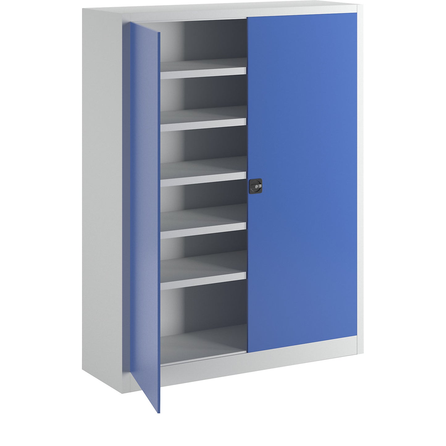 Double door ball cupboard, height 1950 mm, with solid panel doors, width 1500 mm, grey / blue.