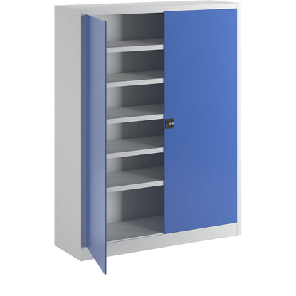 Double door ball cupboard, height 1950 mm, with solid panel doors, width 1500 mm, grey / blue.