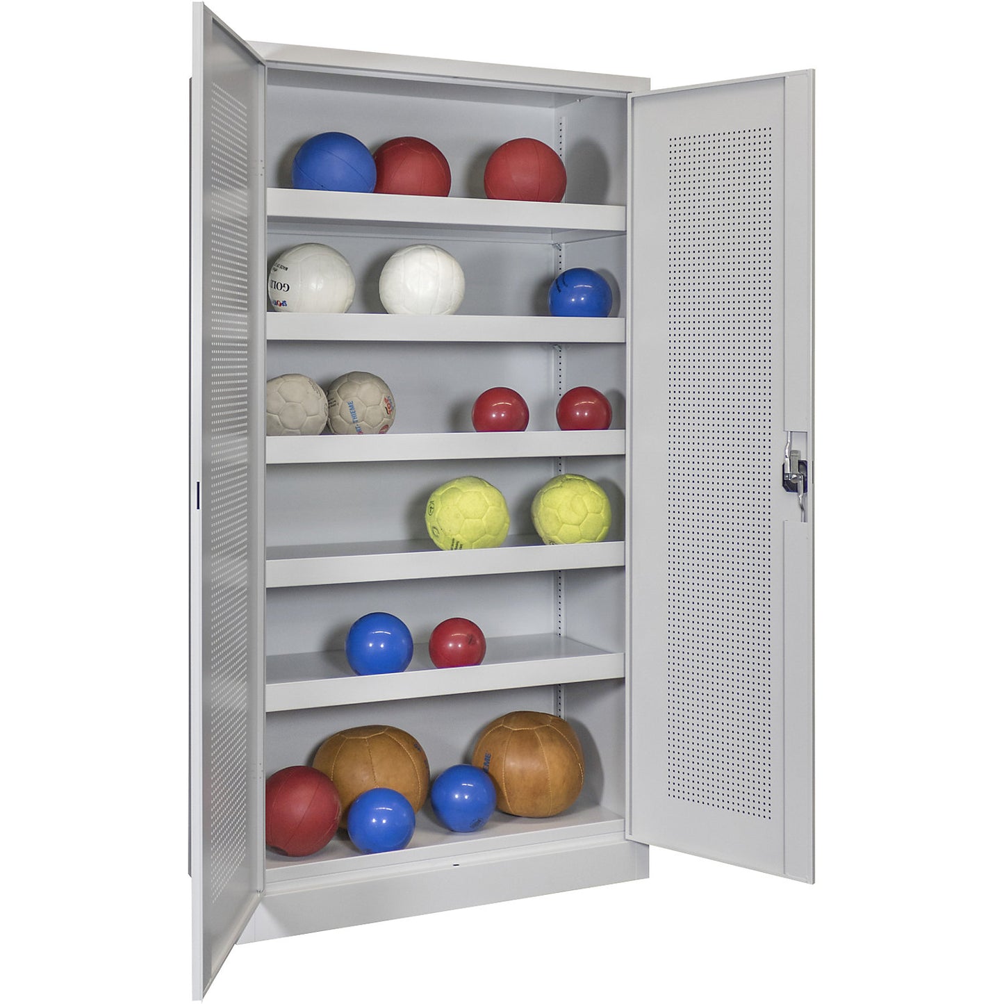 Double door ball cupboard, height 1950 mm, with perforated panel doors, width 1000 mm, grey.