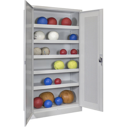 Double door ball cupboard, height 1950 mm, with perforated panel doors, width 1000 mm, grey.