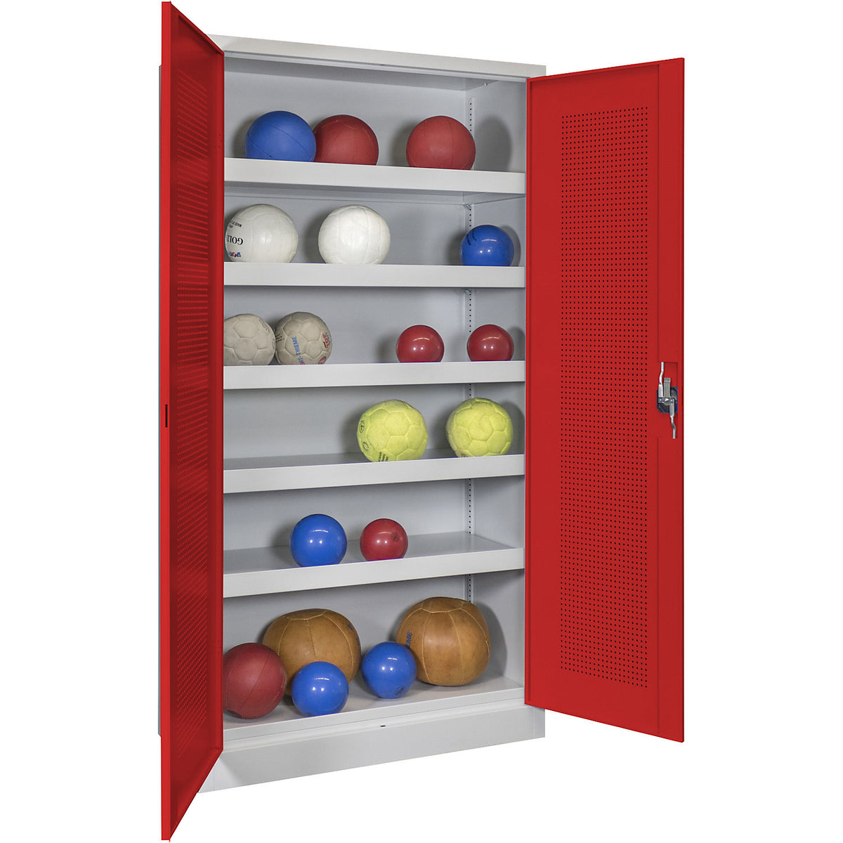 Double door ball cupboard, height 1950 mm, with perforated panel doors, width 1000 mm, grey / red.