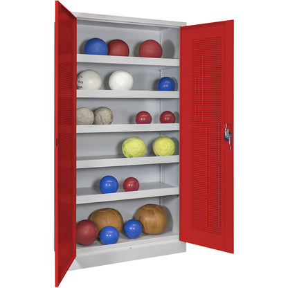 Double door ball cupboard, height 1950 mm, with perforated panel doors, width 1000 mm, grey / red.