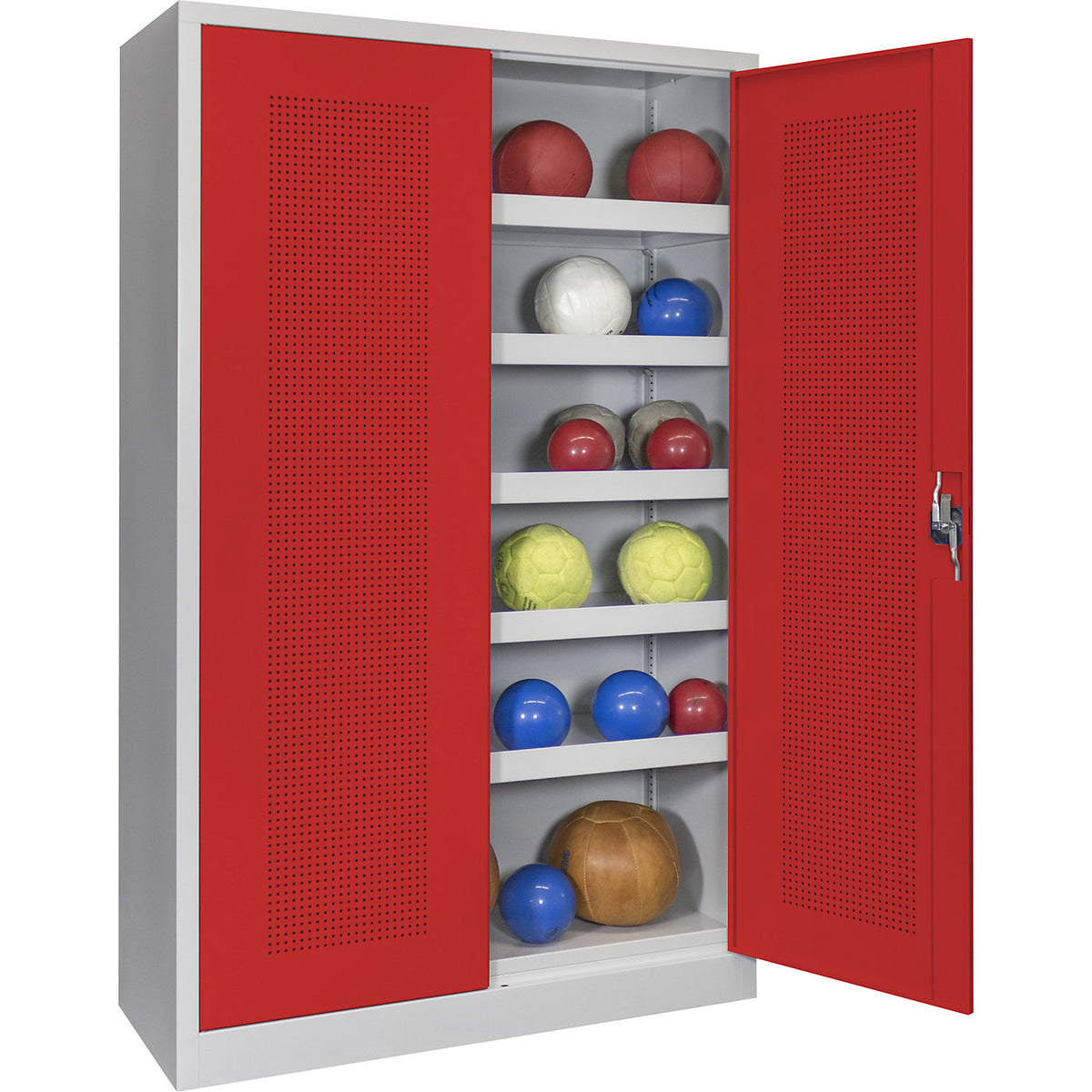 Double door ball cupboard, height 1950 mm, with perforated panel doors, width 1200 mm, grey / red.
